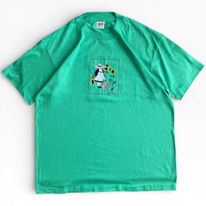 Vintage Anvil Green Cotton Embroidered Sunflowers & Girl Tee T-Shirt XL